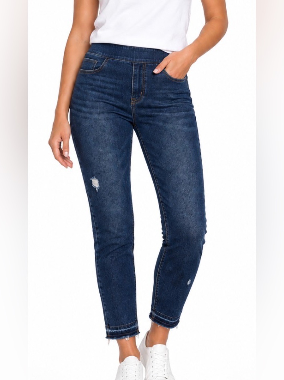 SPANX Jeans Skinny Ankle Slight Distressed Pullon Stretchy Dark Blue Wash Fray